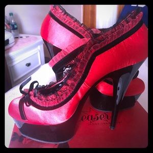PLEASER RED & BLACK SATIN PUMPS
